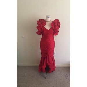 Vintage Red Ruffled Fishtail Gown